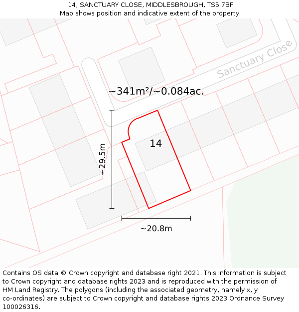 14, SANCTUARY CLOSE, MIDDLESBROUGH, TS5 7BF: Plot and title map