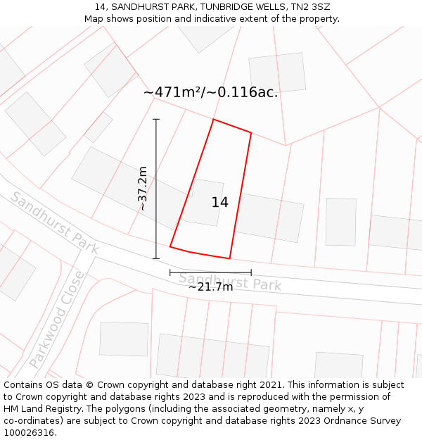 14, SANDHURST PARK, TUNBRIDGE WELLS, TN2 3SZ: Plot and title map