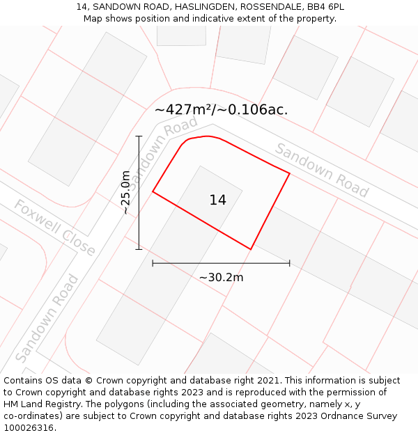 14, SANDOWN ROAD, HASLINGDEN, ROSSENDALE, BB4 6PL: Plot and title map