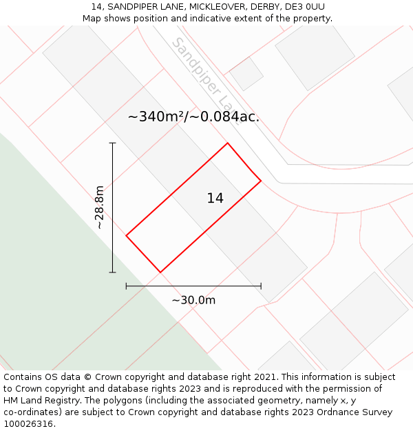 14, SANDPIPER LANE, MICKLEOVER, DERBY, DE3 0UU: Plot and title map