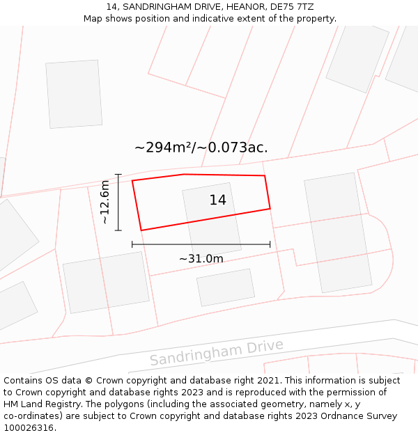 14, SANDRINGHAM DRIVE, HEANOR, DE75 7TZ: Plot and title map
