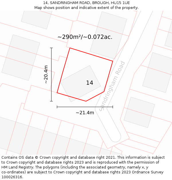 14, SANDRINGHAM ROAD, BROUGH, HU15 1UE: Plot and title map