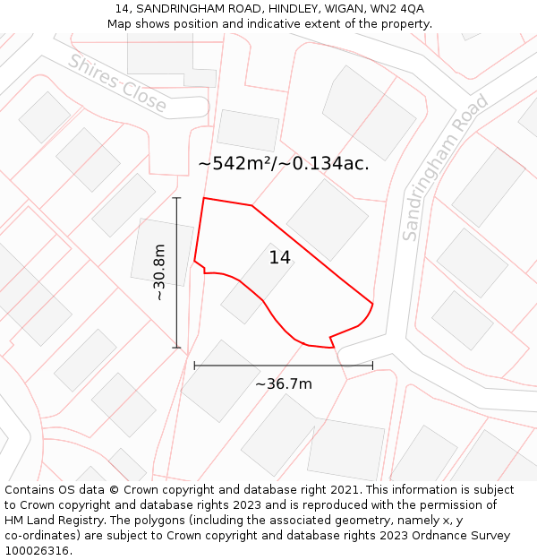 14, SANDRINGHAM ROAD, HINDLEY, WIGAN, WN2 4QA: Plot and title map