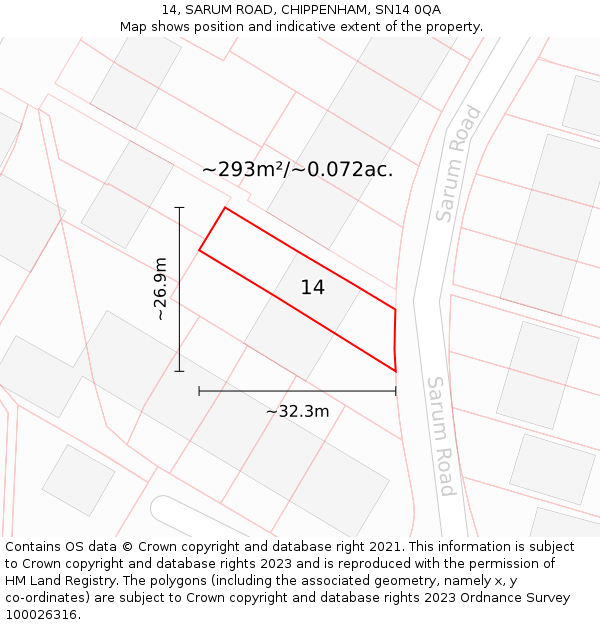 14, SARUM ROAD, CHIPPENHAM, SN14 0QA: Plot and title map