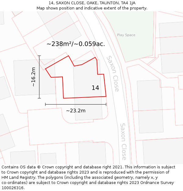 14, SAXON CLOSE, OAKE, TAUNTON, TA4 1JA: Plot and title map
