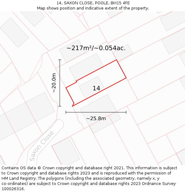 14, SAXON CLOSE, POOLE, BH15 4FE: Plot and title map
