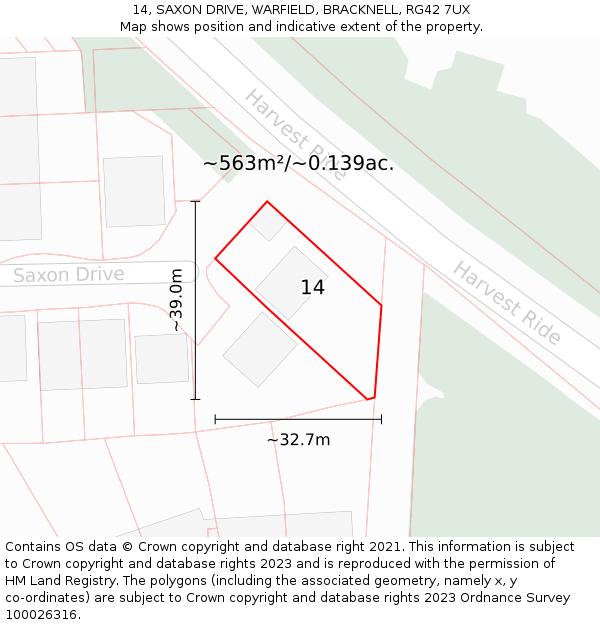 14, SAXON DRIVE, WARFIELD, BRACKNELL, RG42 7UX: Plot and title map