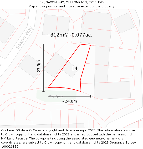 14, SAXON WAY, CULLOMPTON, EX15 1XD: Plot and title map