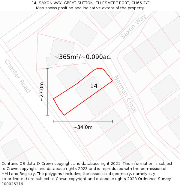 14, SAXON WAY, GREAT SUTTON, ELLESMERE PORT, CH66 2YF: Plot and title map