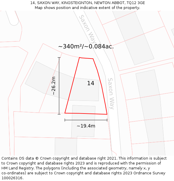 14, SAXON WAY, KINGSTEIGNTON, NEWTON ABBOT, TQ12 3GE: Plot and title map