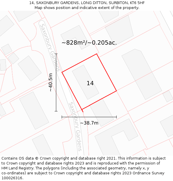 14, SAXONBURY GARDENS, LONG DITTON, SURBITON, KT6 5HF: Plot and title map