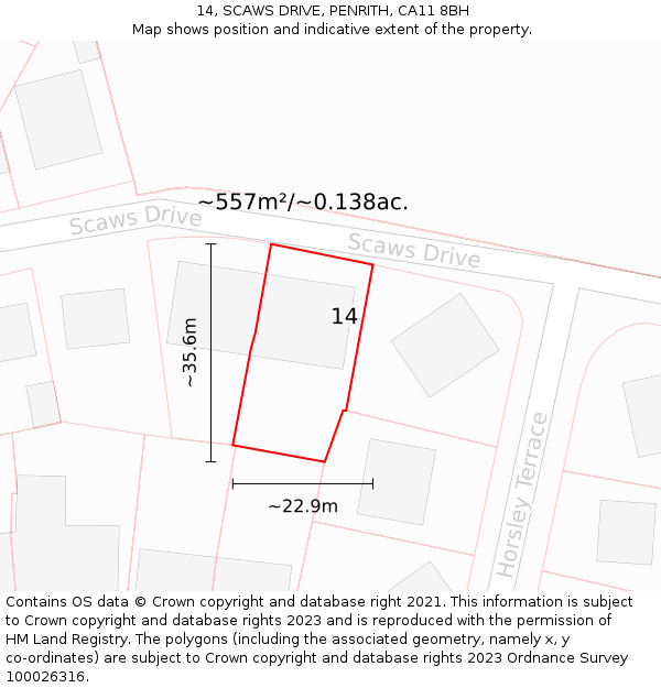 14, SCAWS DRIVE, PENRITH, CA11 8BH: Plot and title map