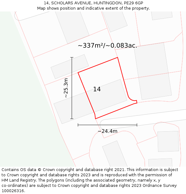 14, SCHOLARS AVENUE, HUNTINGDON, PE29 6GP: Plot and title map