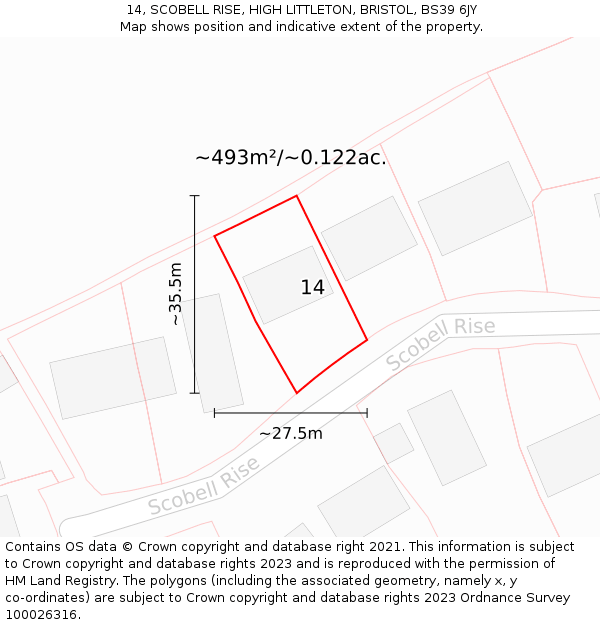 14, SCOBELL RISE, HIGH LITTLETON, BRISTOL, BS39 6JY: Plot and title map