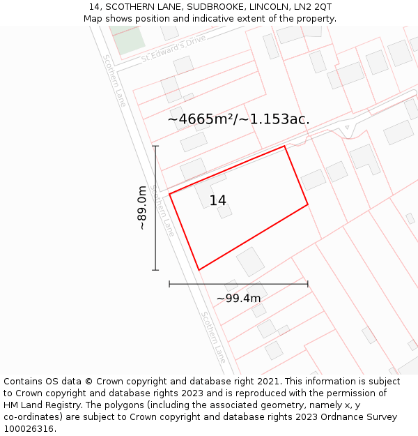 14, SCOTHERN LANE, SUDBROOKE, LINCOLN, LN2 2QT: Plot and title map