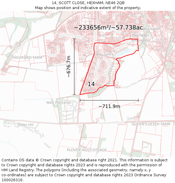 14, SCOTT CLOSE, HEXHAM, NE46 2QB: Plot and title map