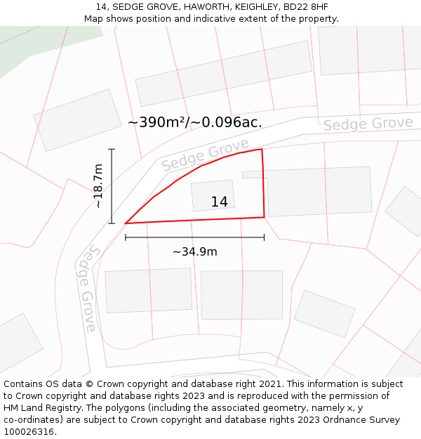 14, SEDGE GROVE, HAWORTH, KEIGHLEY, BD22 8HF: Plot and title map