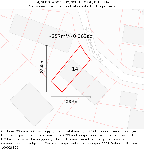 14, SEDGEWOOD WAY, SCUNTHORPE, DN15 8TA: Plot and title map
