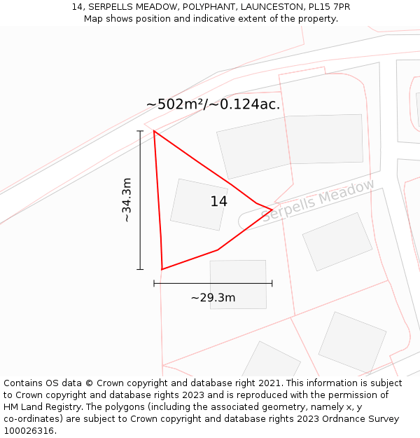 14, SERPELLS MEADOW, POLYPHANT, LAUNCESTON, PL15 7PR: Plot and title map