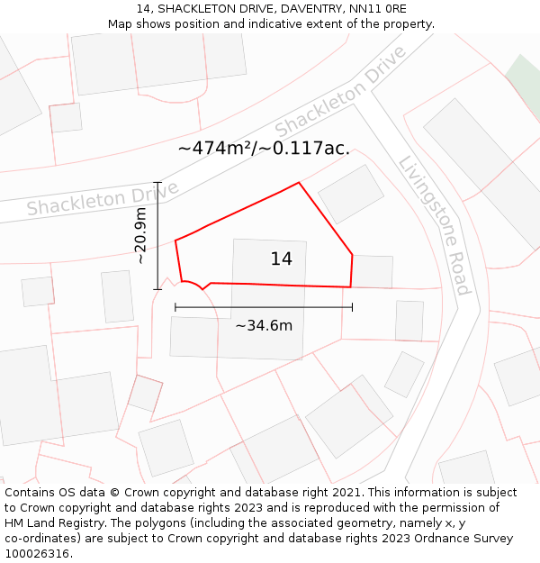 14, SHACKLETON DRIVE, DAVENTRY, NN11 0RE: Plot and title map