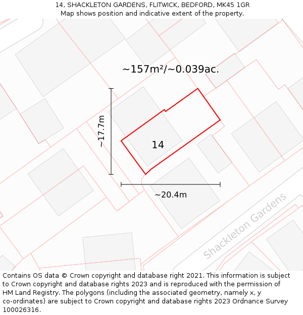 14, SHACKLETON GARDENS, FLITWICK, BEDFORD, MK45 1GR: Plot and title map