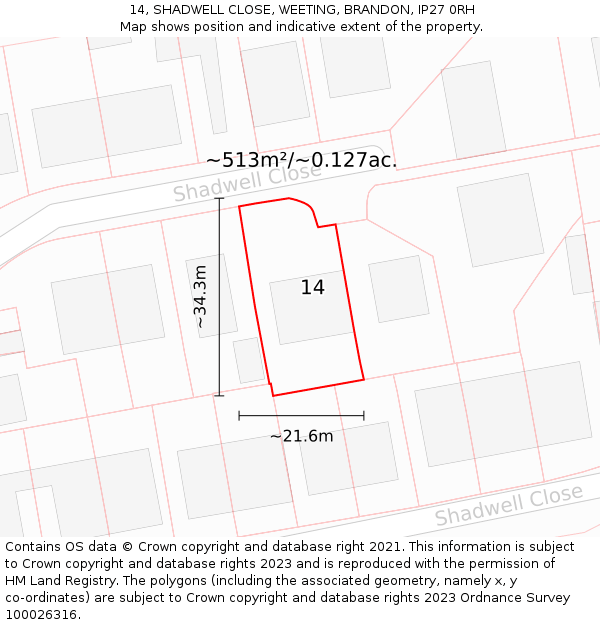 14, SHADWELL CLOSE, WEETING, BRANDON, IP27 0RH: Plot and title map