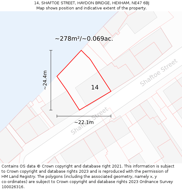 14, SHAFTOE STREET, HAYDON BRIDGE, HEXHAM, NE47 6BJ: Plot and title map