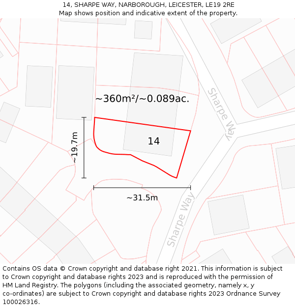14, SHARPE WAY, NARBOROUGH, LEICESTER, LE19 2RE: Plot and title map