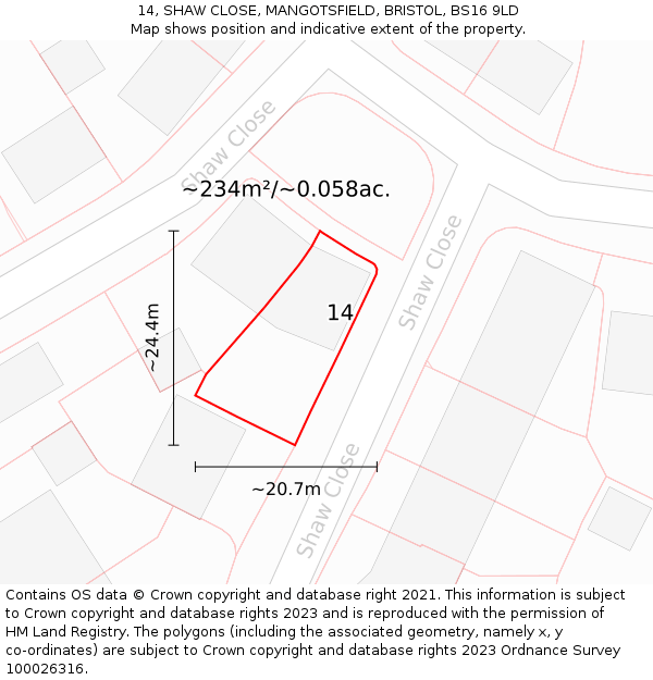 14, SHAW CLOSE, MANGOTSFIELD, BRISTOL, BS16 9LD: Plot and title map