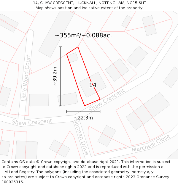 14, SHAW CRESCENT, HUCKNALL, NOTTINGHAM, NG15 6HT: Plot and title map