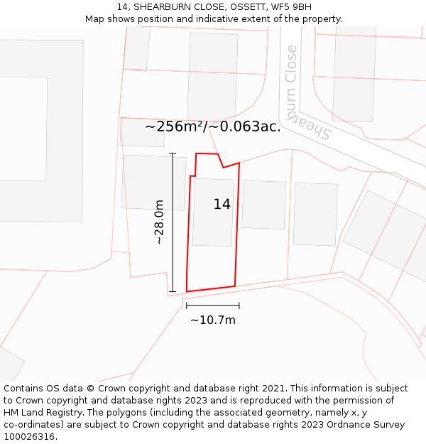 14, SHEARBURN CLOSE, OSSETT, WF5 9BH: Plot and title map