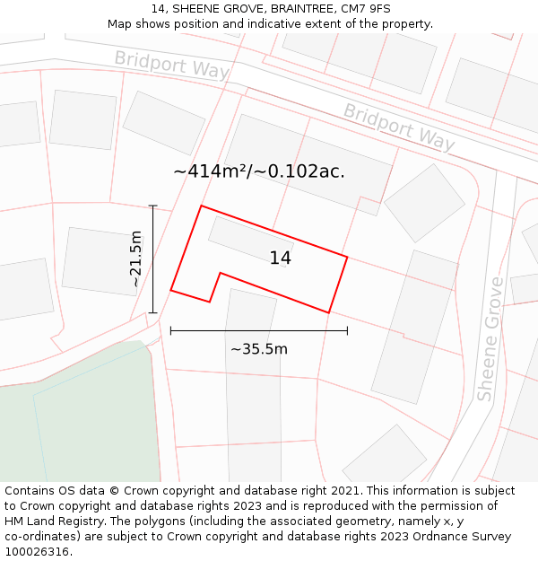 14, SHEENE GROVE, BRAINTREE, CM7 9FS: Plot and title map