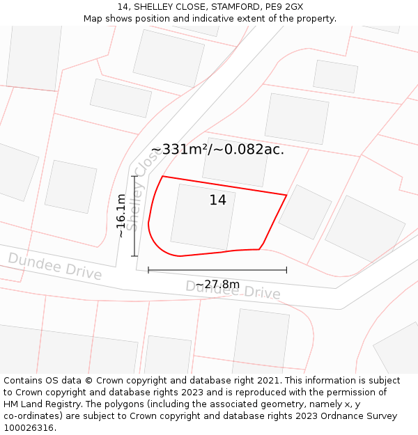 14, SHELLEY CLOSE, STAMFORD, PE9 2GX: Plot and title map