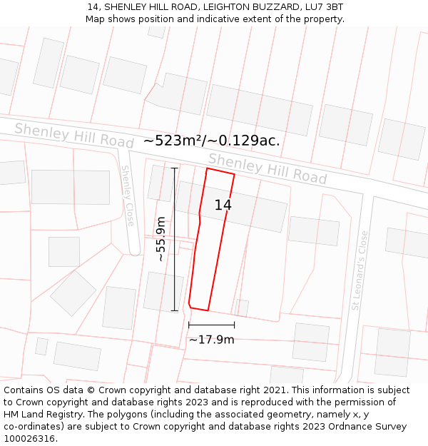 14, SHENLEY HILL ROAD, LEIGHTON BUZZARD, LU7 3BT: Plot and title map