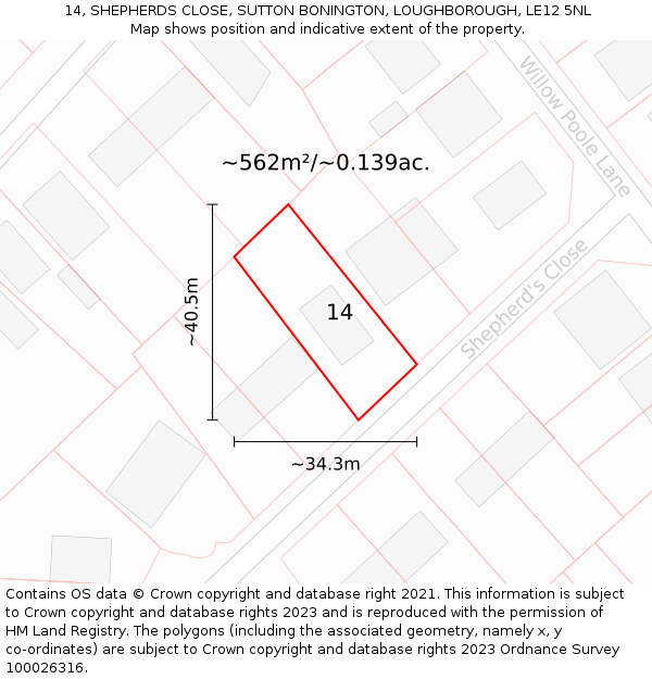 14, SHEPHERDS CLOSE, SUTTON BONINGTON, LOUGHBOROUGH, LE12 5NL: Plot and title map