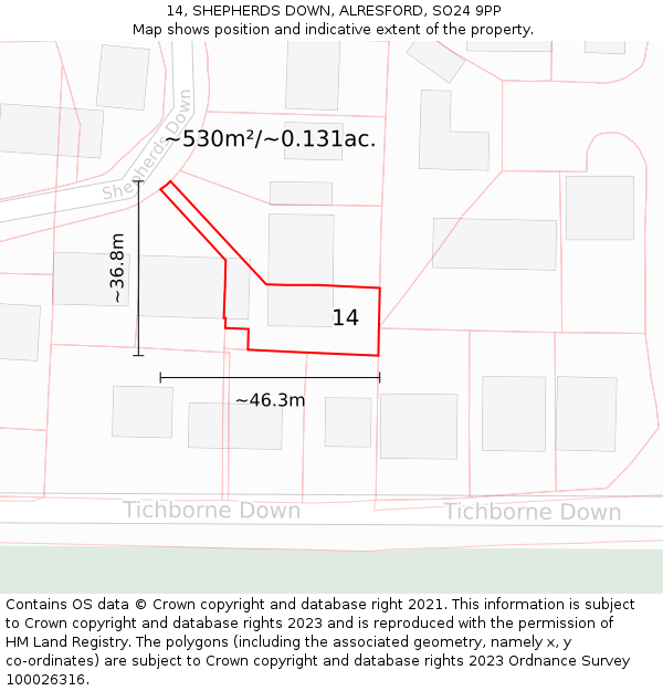 14, SHEPHERDS DOWN, ALRESFORD, SO24 9PP: Plot and title map