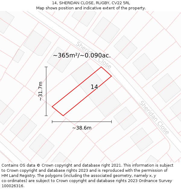 14, SHERIDAN CLOSE, RUGBY, CV22 5RL: Plot and title map