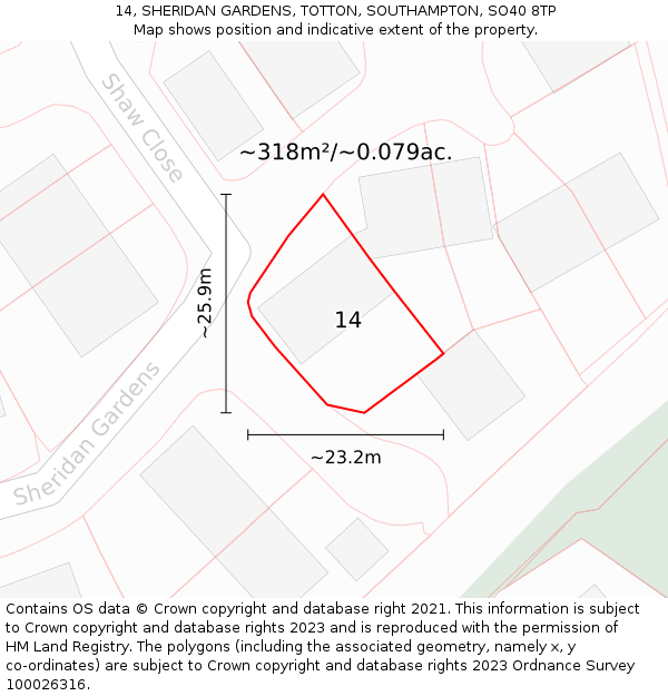 14, SHERIDAN GARDENS, TOTTON, SOUTHAMPTON, SO40 8TP: Plot and title map