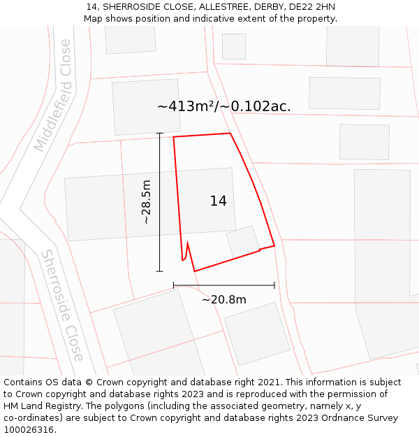 14, SHERROSIDE CLOSE, ALLESTREE, DERBY, DE22 2HN: Plot and title map