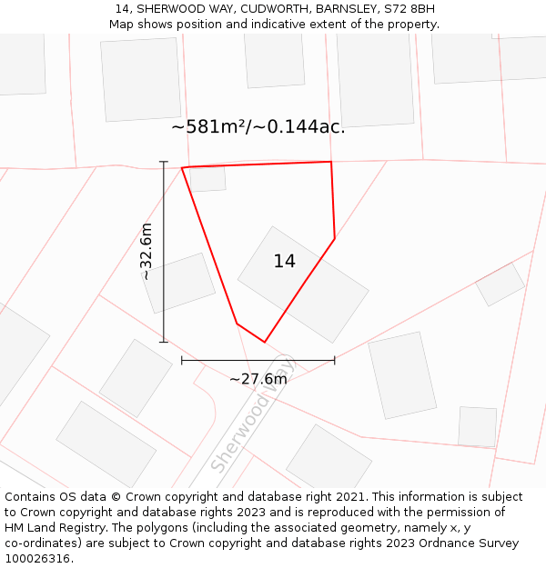 14, SHERWOOD WAY, CUDWORTH, BARNSLEY, S72 8BH: Plot and title map