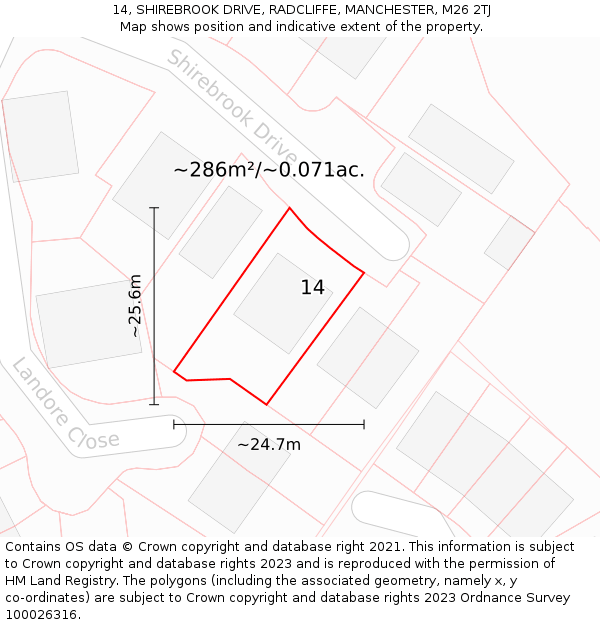 14, SHIREBROOK DRIVE, RADCLIFFE, MANCHESTER, M26 2TJ: Plot and title map
