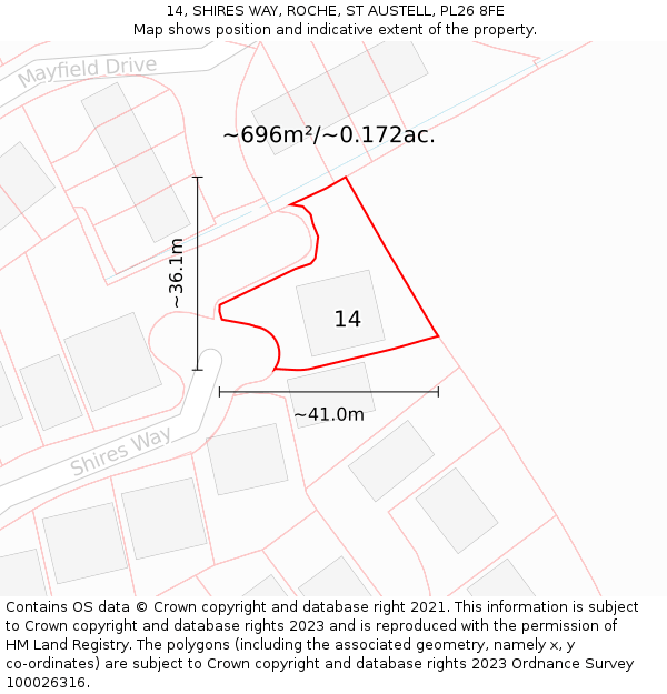 14, SHIRES WAY, ROCHE, ST AUSTELL, PL26 8FE: Plot and title map