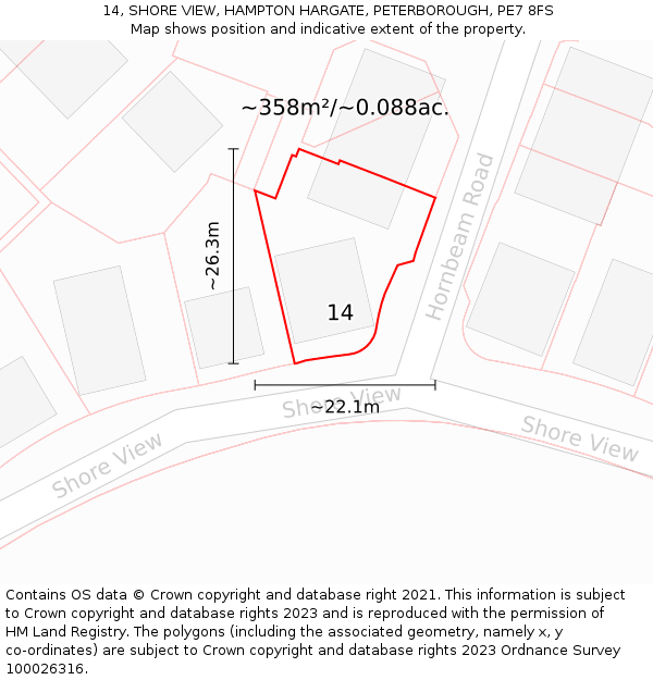 14, SHORE VIEW, HAMPTON HARGATE, PETERBOROUGH, PE7 8FS: Plot and title map