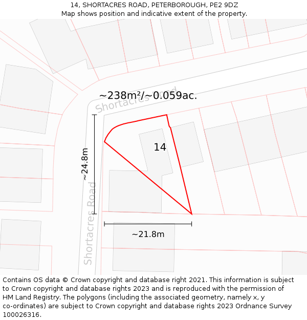 14, SHORTACRES ROAD, PETERBOROUGH, PE2 9DZ: Plot and title map