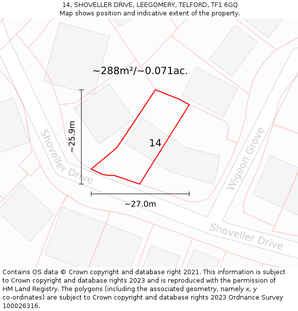 14, SHOVELLER DRIVE, LEEGOMERY, TELFORD, TF1 6GQ: Plot and title map