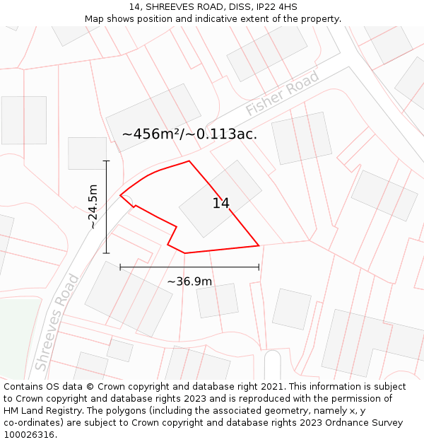 14, SHREEVES ROAD, DISS, IP22 4HS: Plot and title map