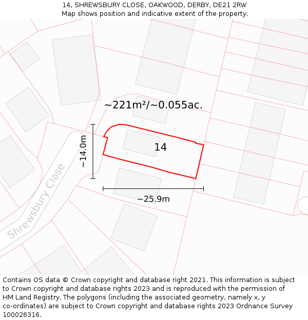 14, SHREWSBURY CLOSE, OAKWOOD, DERBY, DE21 2RW: Plot and title map