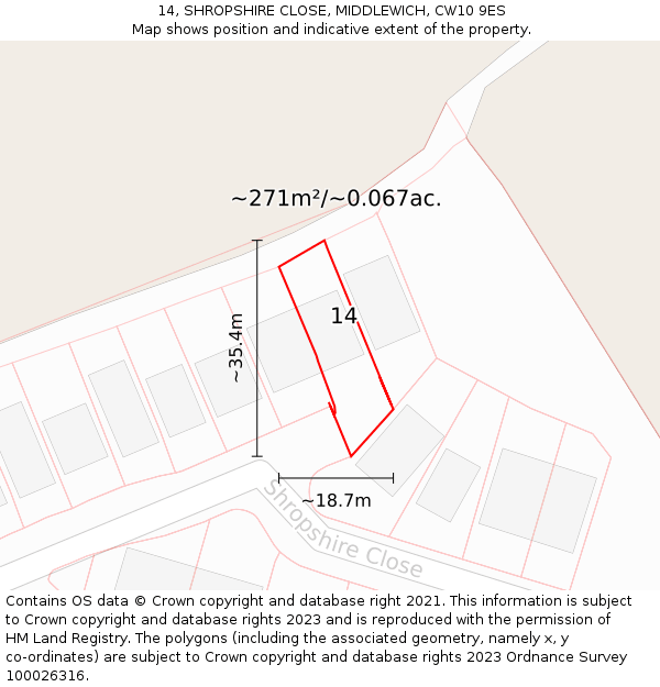 14, SHROPSHIRE CLOSE, MIDDLEWICH, CW10 9ES: Plot and title map