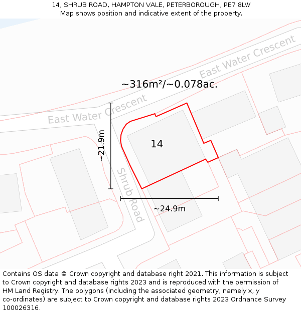 14, SHRUB ROAD, HAMPTON VALE, PETERBOROUGH, PE7 8LW: Plot and title map