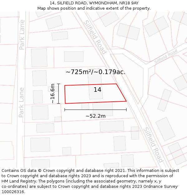 14, SILFIELD ROAD, WYMONDHAM, NR18 9AY: Plot and title map